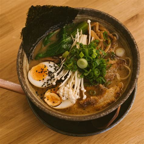 Fotografija servirane ramen juhe s piščančjo osnovo, jajcem, korenjem in mlado čebulo