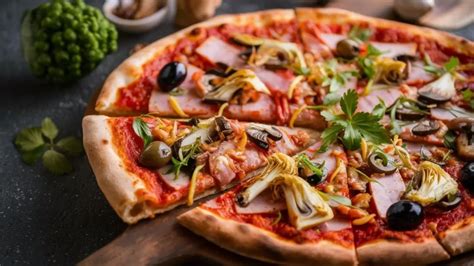 Tematska fotografija pizzerije, na kateri je bogato obložena pizza in nekaj drugih jedi.