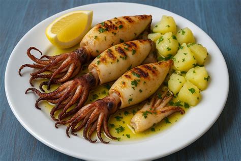 Fotografija polnjenih lignjev na žaru