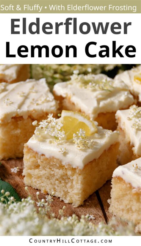 The final moist elderflower pastry sliced into squares, garnished with fresh elderflowers or berries