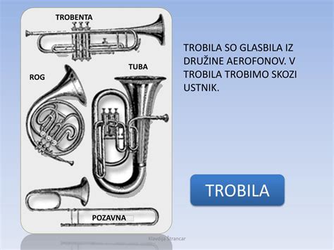 Prikaz različnih skupin glasbil v orkestru (godala, pihala, trobila, tolkala)