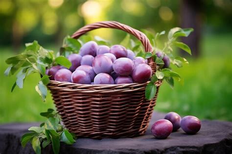 Thematic photo of fresh plums in a basket, possibly from an old orchard
