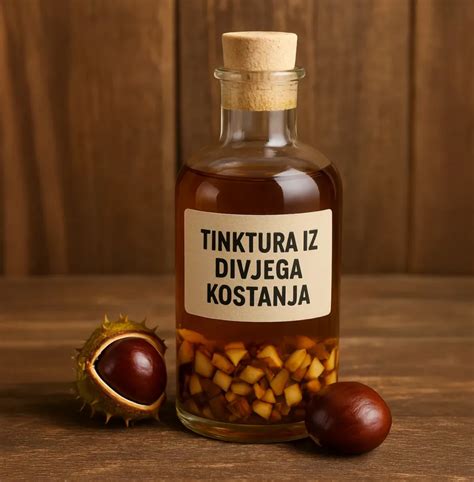 Fotografija plodov divjega kostanja v ježicah in pripravljene tinkture v steklenici