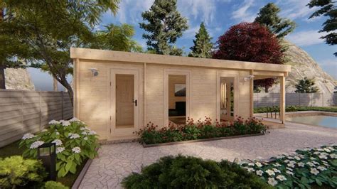 Notranjost luksuzne lesene hiške z dnevno sobo, kuhinjo in pogledom na teraso