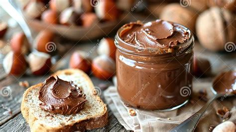Thematic photo of a healthy chocolate spread in a jar with hazelnuts and fresh bread