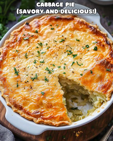 Thematic photo of a savory pie with cabbage filling, garnished with fresh herbs