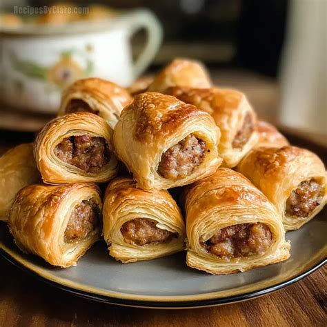 Thematic photo of a finished savory puff pastry roll with sausage and leek, sliced and ready to serve