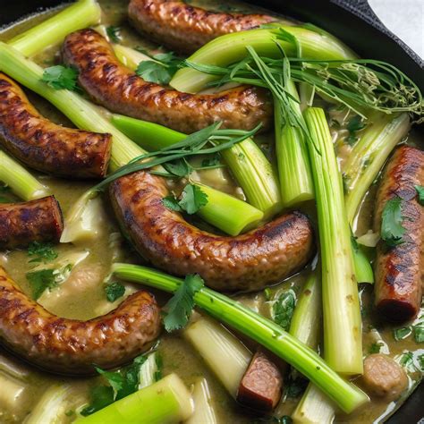 Photo showing chopped leek and sausage cooking in a pan