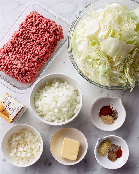 Ingredients for stewed cabbage and beef, arranged neatly