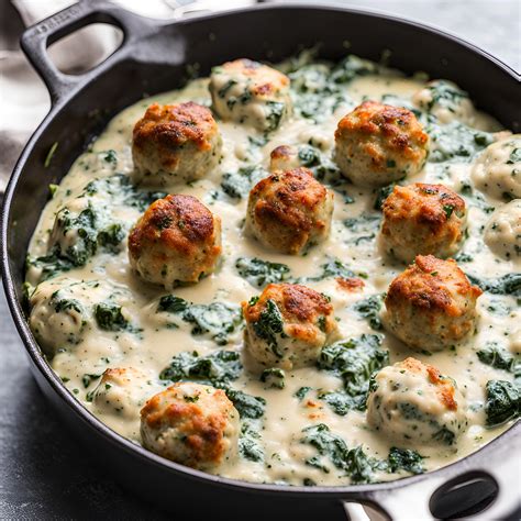 Thematic photo of chicken meatballs in Alfredo sauce with gnocchi and spinach