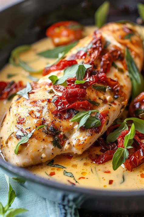 Creamy chicken sauce with paprika and sun-dried tomatoes, served with fresh herbs