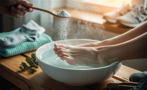 Photo of a bowl with baking soda next to a foot bath