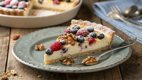 Thematic photo of a slice of cottage cheese pie with forest fruits on a plate, garnished with fresh berries.