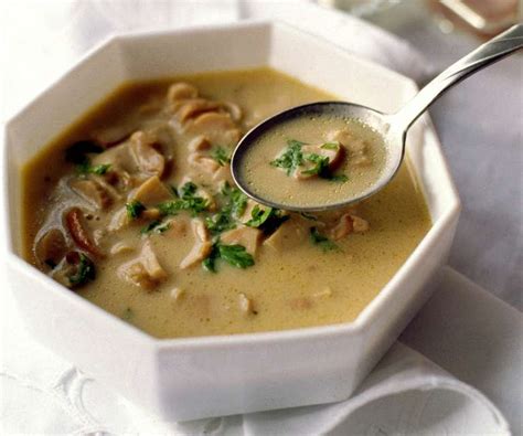 Fotografija lepo postrežene gobove juhe.