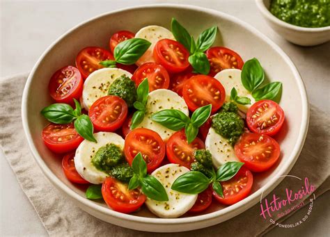 solata s paradižnikom, mozzarello in fižolom, pripravljena na servnem krožniku