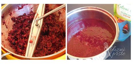 Prikaz postopka kuhanja sadja s sladkorjem in želirnim sredstvom.