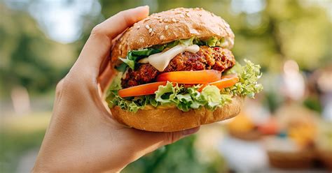 Prikaz sestavljanja veganskega burgerja s plastmi sestavin