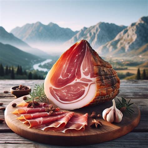 sveže pripravljen njeguški pršut na leseni deski