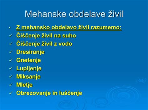 Prikaz različnih tehnik mehanske obdelave živil (rezanje, lupljenje, sekljanje).