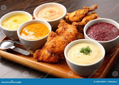 Thematic photo of various sauces accompanying fried seafood