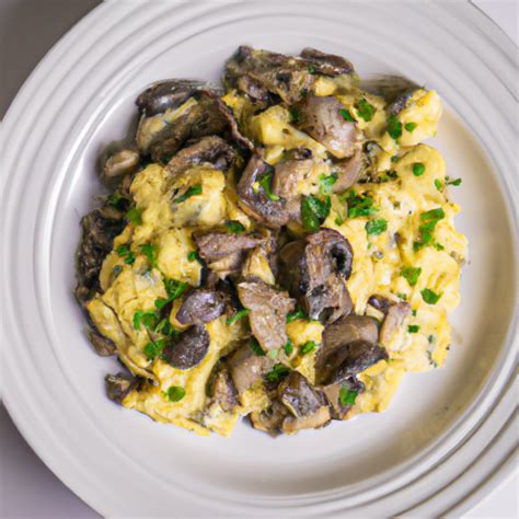 The final dish of braised mushrooms with scrambled eggs, garnished with fresh parsley, served with toasted sourdough bread