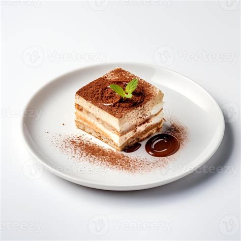 Thematic photo of a beautifully presented tiramisu slice on a plate with coffee in the background