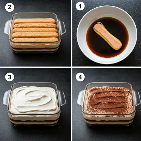 Infographic showing the layering process of tiramisu (coffee-soaked biscuits, cream, cocoa)