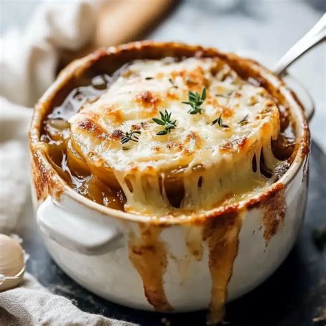Thematic photo of a bowl of French onion soup