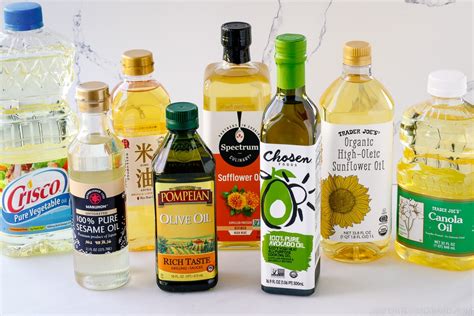 Photo of various types of cooking oils suitable for deep frying, such as peanut, coconut, and corn germ oil.