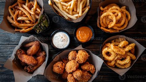 Thematic photo of crispy fried onion rings with a variety of dipping sauces.