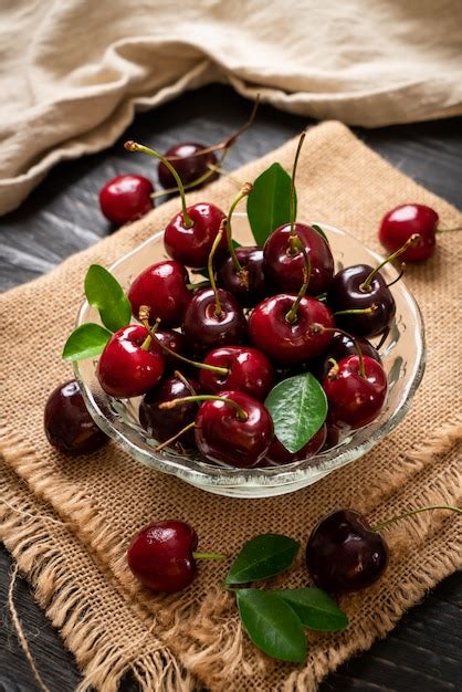 Thematic photo of fresh cherries in a bowl
