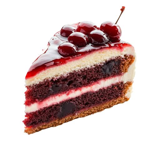Thematic photo of a cherry cake slice on a plate with coffee