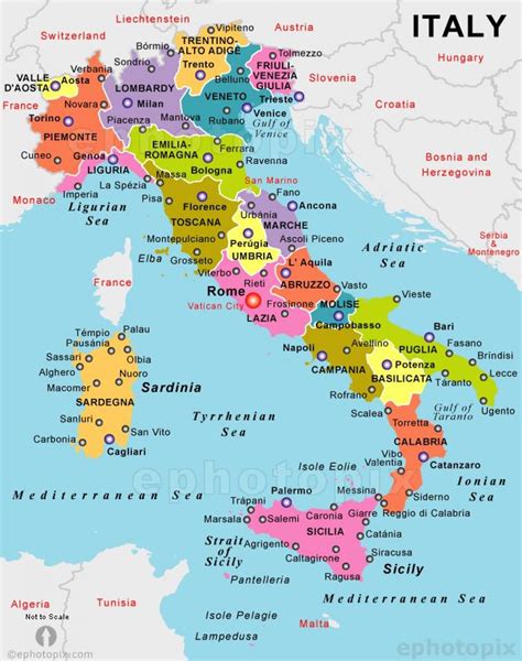 Kulinarična karta Italije z označenimi regijami in tipičnimi omakami
