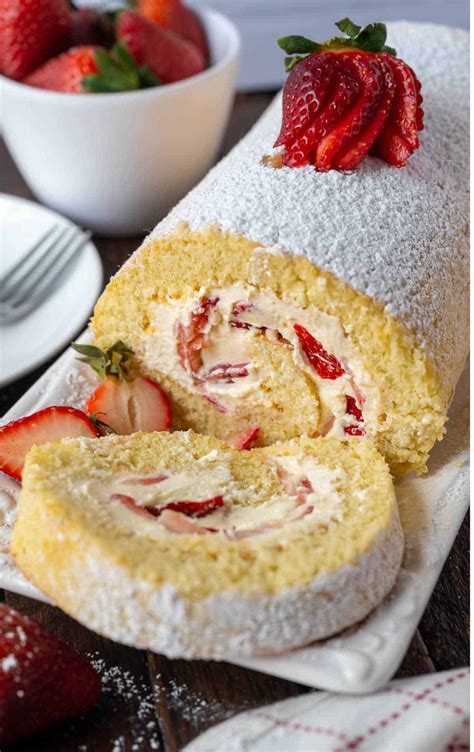 Photo of a Swiss roll with strawberry mascarpone filling