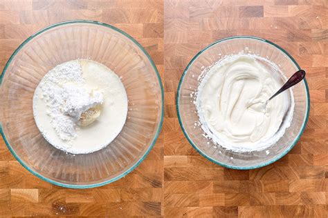 The process of making mascarpone, showing cream and lemon juice mixing.