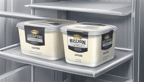 A refrigerator shelf with an opened container of mascarpone cheese.