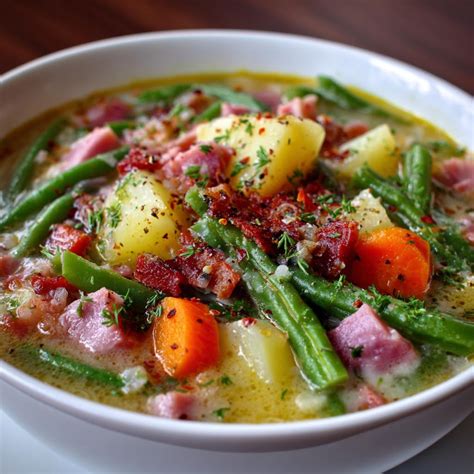 Thematic photo of a bowl of green bean and potato soup with fresh ingredients in the background.