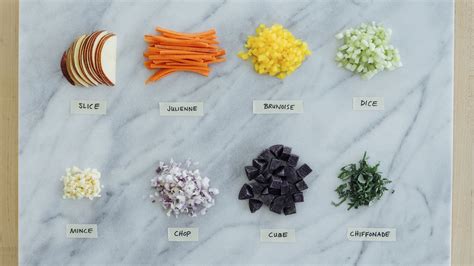 Infographic showing different ways to cut vegetables for soup (diced, sliced, julienned).