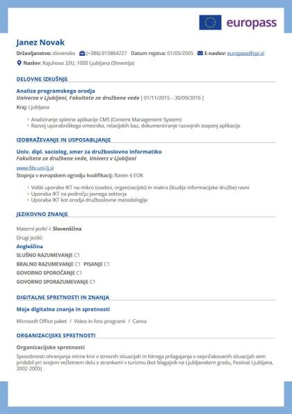 Primer Europass življenjepisa