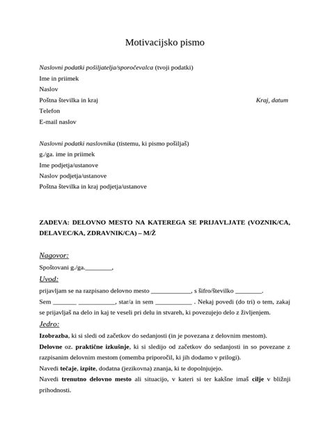 Primer strukturiranega motivacijskega pisma
