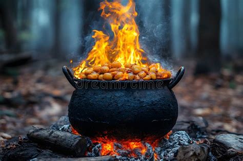 Thematic photo of a large cauldron over an open fire, cooking bograč