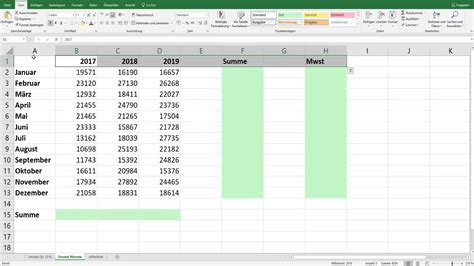 Prikaz Excel tabele z vključeno vrstico z rezultati in spustnim seznamom funkcij