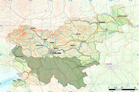 Zemljevid Kraške pokrajine s poudarjenimi geografskimi značilnostmi