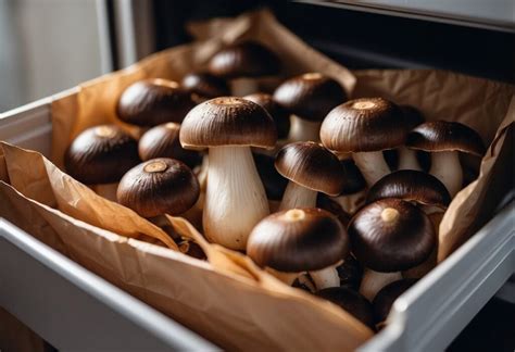 The image should show fresh mushrooms stored in a paper bag in a refrigerator drawer, highlighting proper ventilation and cool temperature.