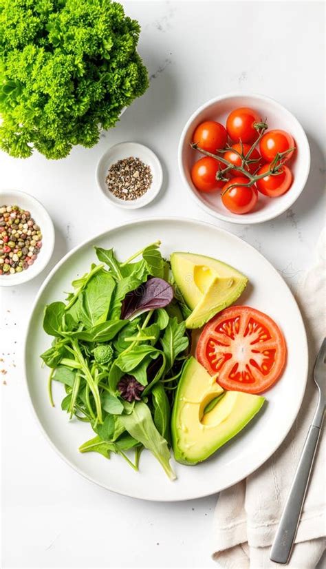 Thematic photo of a plate with chicken and avocado, with some herbs and spices around