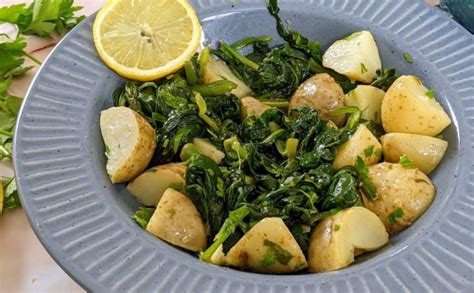 Različne priloge, postrežene ob lignjih: blitva, krompir in solata