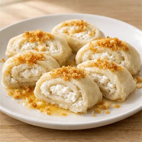 Tradicionalni slovenski štruklji na krožniku, postreženi s prepraženimi drobtinami
