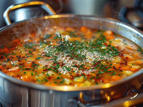 The process of cooking asparagus soup, with ingredients simmering in a pot