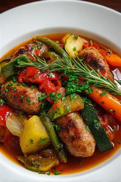 Thematic photo of a rich stew with sausage and various vegetables in a rustic bowl