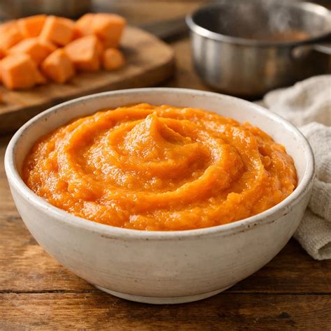 Serving suggestion of stewed cabbage with sausages and sweet potato puree